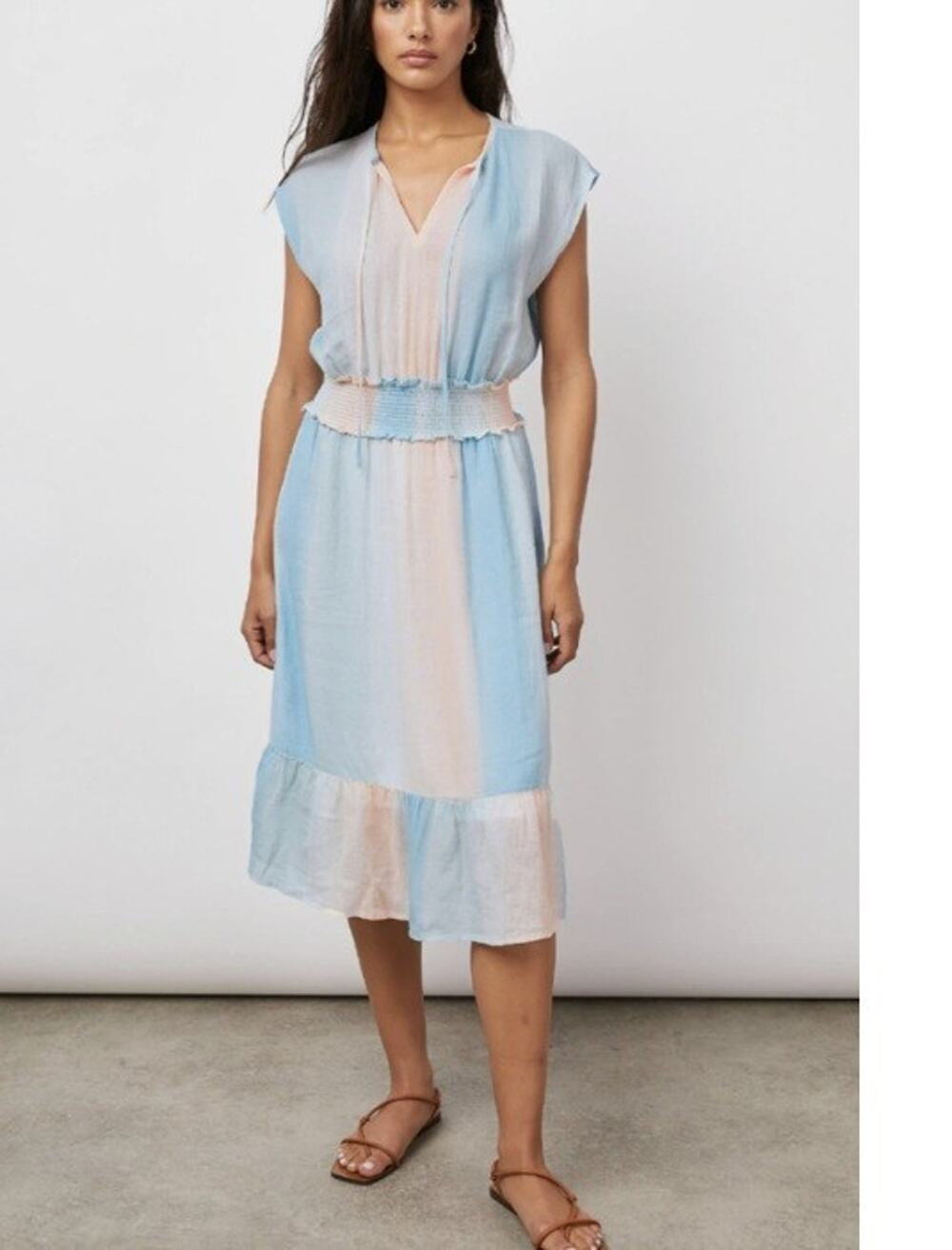Rails Womens L Sunset Gradient Linen Blend Smocked Waist Midi Ashlyn Dress